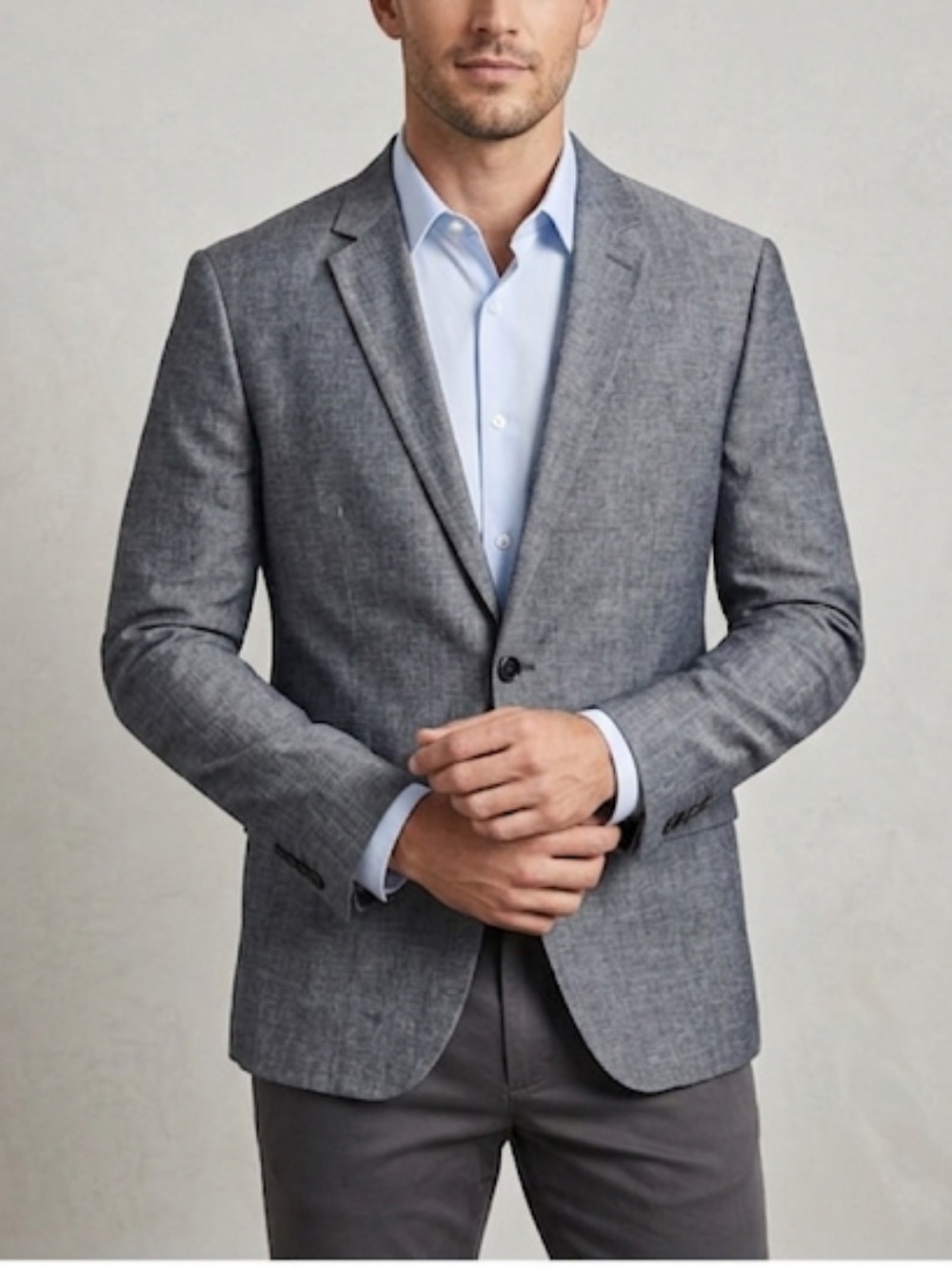 Express Photographer Mens Sport Coat Blazer Linen‎ Wool Chambray Fitted 46R